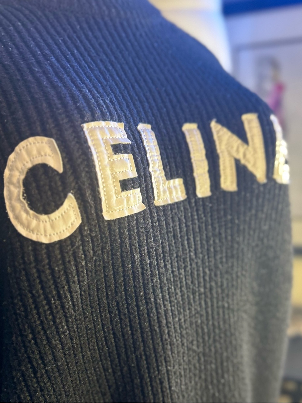 Celine Pre-Loved Black Ribbed Logo Crewneck Sweater -Unisex - Picture 5 of 9